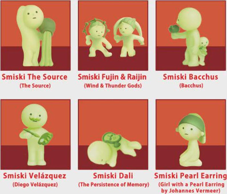 May include: A selection of six Smiski figurines, each with a distinctive pose and design. The figurines are a pale green colour and are displayed against a red background. Each figurine is labelled with its name and a description.