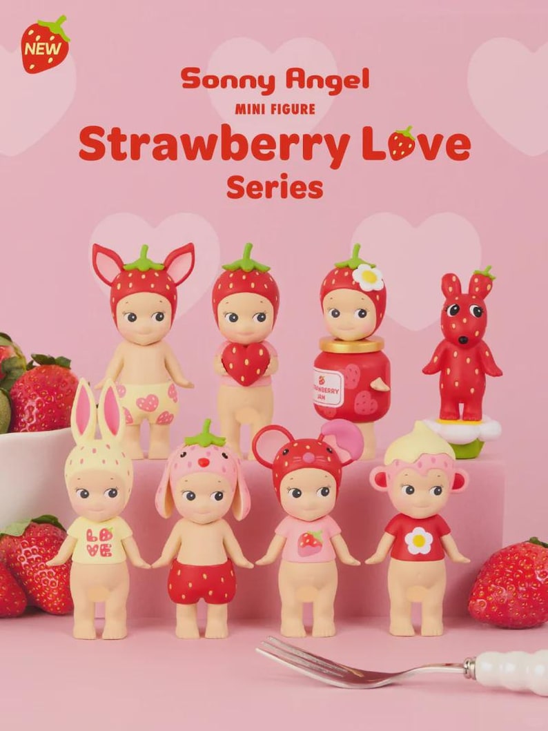 May include: Eight Sonny Angel mini figures from the Strawberry Love Series displayed on a pink background. The figures feature various strawberry-themed hats, outfits, and accessories, including a strawberry jar and a red strawberry creature.