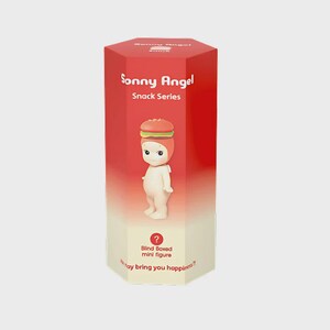 May include: A red and white hexagonal box featuring a Sonny Angel Snack Series mini figure. The figure is a small, nude-colored doll with a hamburger hat. The box reads "Blind Boxed mini figure" and "May bring you happiness!!"
