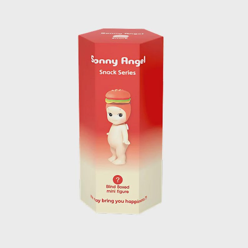 May include: A red and white hexagonal box featuring a Sonny Angel Snack Series mini figure. The figure is a small, nude-colored doll with a hamburger hat. The box reads "Blind Boxed mini figure" and "May bring you happiness!!"