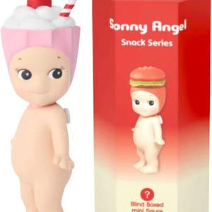 May include: A Sonny Angel mini figure from the Snack Series, featuring a pink and white milkshake hat with a cherry and straw. The figure is next to a red box with the series name and a burger-themed figure illustration.