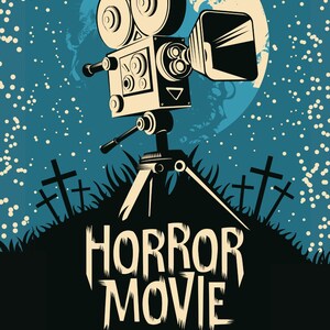 Pode incluir: Uma c&acirc;mera de filme vintage em um trip&eacute; na frente de uma lua crescente e estrelas. O texto "HORROR MOVIE" est&aacute; abaixo da c&acirc;mera. A cita&ccedil;&atilde;o "The movies don't create psychos; movies make psychos more creative. Scream (1996)" est&aacute; na parte inferior da imagem.