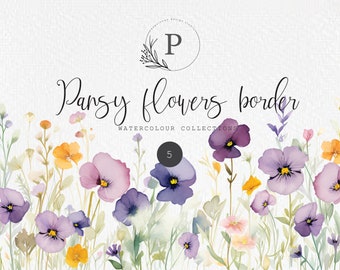 Watercolor Pansy meadow flowers border, PNG files, digital download, Sublimation.