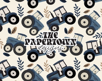 May include: A seamless pattern featuring blue tractors with black wheels on a cream background. The tractors are surrounded by brown and gray leaves and branches. The text "THE PAPERTOWN designs" is in the center of the pattern.
