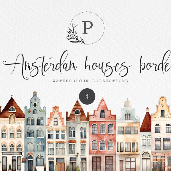 Aquarel Amsterdam huizen grens, PNG-bestanden, Nederlandse huizen, digitale download, sublimatie.