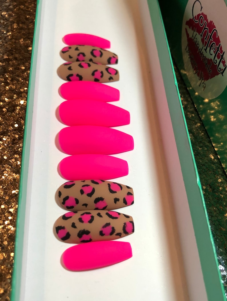 Hot Pink Leopard Print Neon Press on Nail Set Handmade Hand - Etsy
