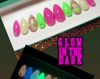 Glow In The Dark Marble Press On Nails | Pink, White, Green, Sparkle | Handmade, Hand Painted, Gel Polish | Stiletto Coffin Almond Square