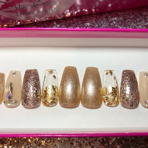 Gold & Glitz Press On Nails | Gold Sparkle Glitter Foil Fake Fingernails | Glue On, Gel Polish | Rhinestone Bling, Coffin, Square, Almond