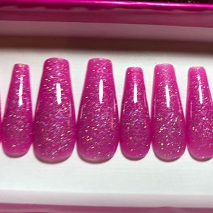 Bright Pink Sparkle Press On Nails Set Hot Neon Pink Glitter Gel Polish Fake Fingernails Glue On
