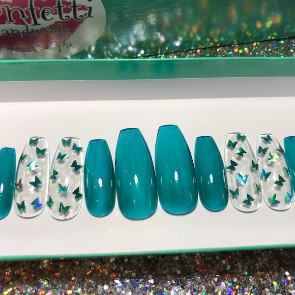 Tahitian Teal Jelly Butterfly Press on Nails | Blue Green Aqua Jelly Gel Polish | Glue on Fake Fingernails | Long Short