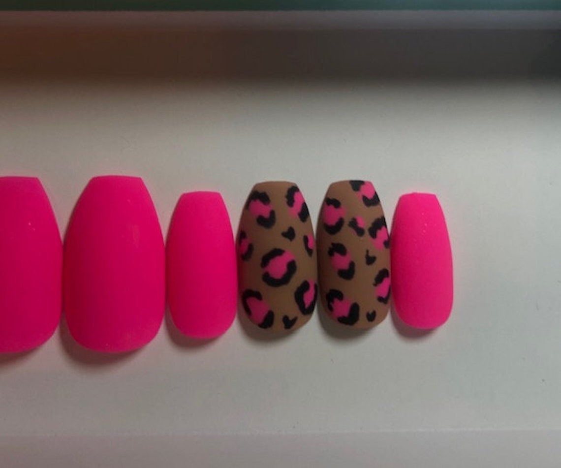 Hot Pink Leopard Print Neon Press on Nail Set Handmade Hand - Etsy