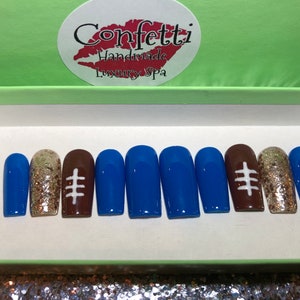 Football Press on Nails | Handmade Fake Fingernails Hand Painted Gel Polish | Glitter, Coffin, Stiletto, Square, Almond, Square, Long Short