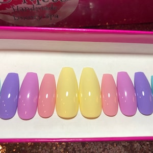 Pastel Rainbow Ombre Press On Nails | Pink Purple Blue Gel Polish | Short Square, Petite | Glue On Fake Fingernails | Coffin Almond Stiletto