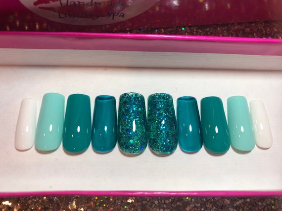 Teal Green Press On Nails Shimmer Aqua Fake Nails Turquoise MermaidGlue On  Nails | eBay