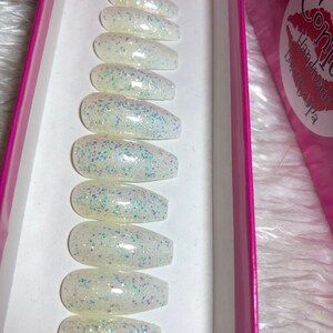 White Sparkle Press On Nails Set | White Glitter Gel Polish Fake Fingernails | Glue On, Acrylic