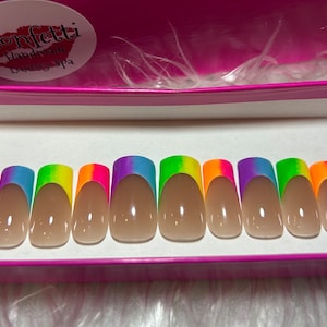 Bright Neon French Tip | Rainbow Press On Nails | Hot Pink, Orange, Lime |Glue On Acrylic Fake Fingernails | Long Short Stiletto, Square