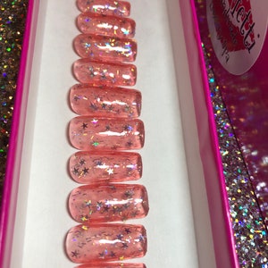 Pink Jelly & Star Sparkle Press On Nails | Glitter Fake Fingernails, Long or Short | Transparent Polish, Coffin Square Almond Ballerina