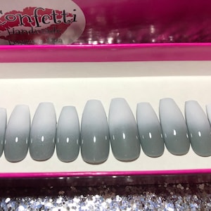 French Gray Ombre Press On Nails | Grey & White Fade | Handmade Fake Fingernails | Gel Polish, Long Short | Coffin Square Almond Ballerina