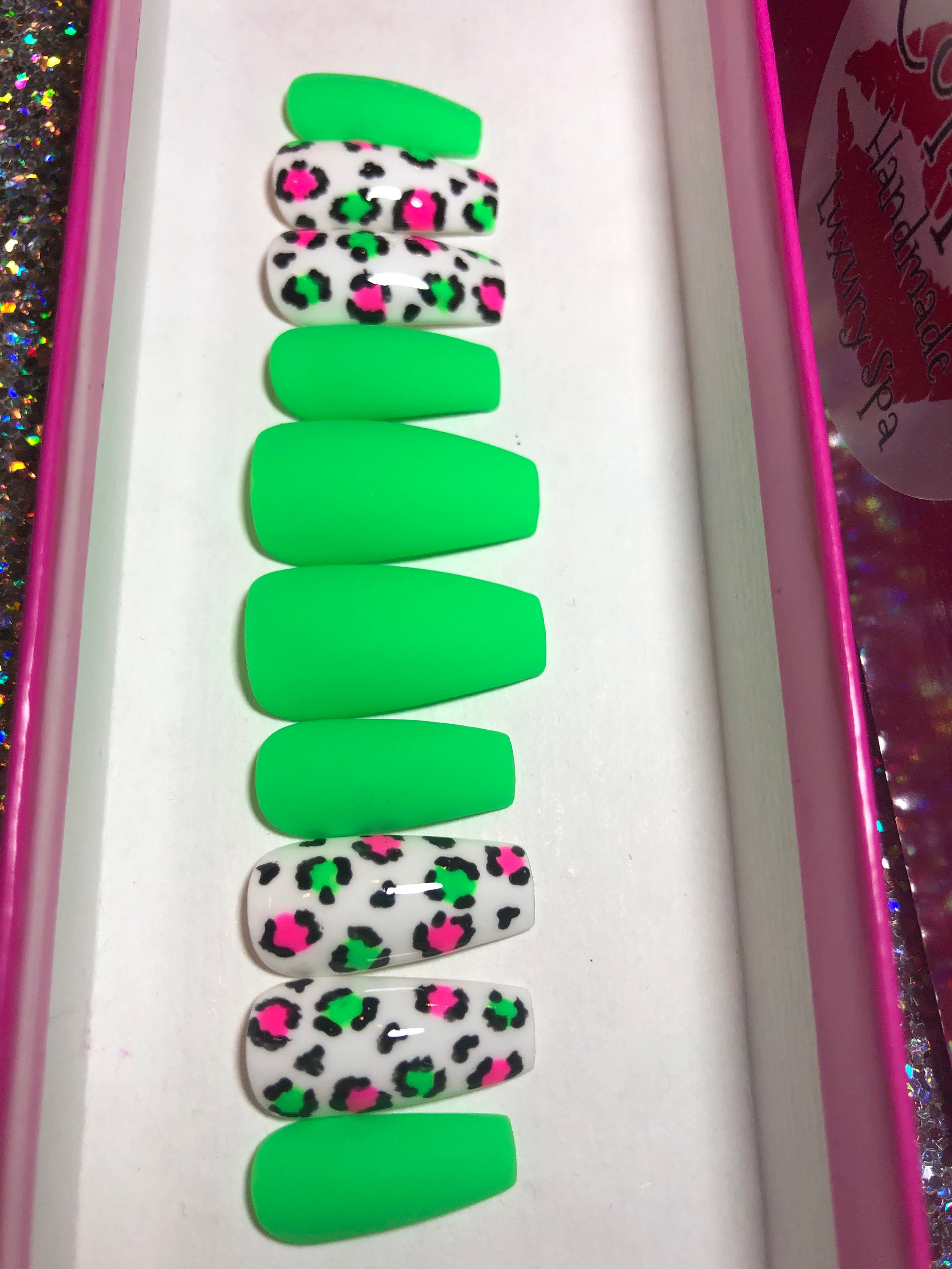 Lime Green Leopard Press on Nails Neon Green Hot Pink - Etsy