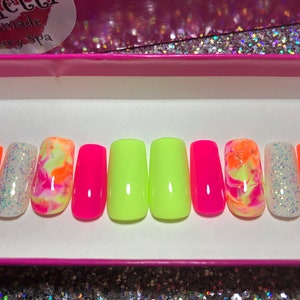 Bright Neon Swirl Press On Nails | Hot Pink, Orange, Lime |Glue On Acrylic Fake Fingernails | Long Short Stiletto, Square, Coffin, Ballerina