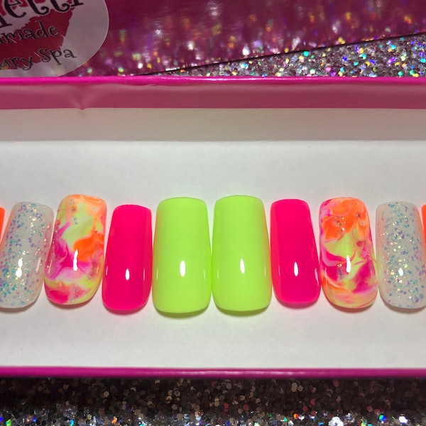 Bright Neon Swirl Press On Nails | Hot Pink, Orange, Lime |Glue On Acrylic Fake Fingernails | Long Short Stiletto, Square, Coffin, Ballerina