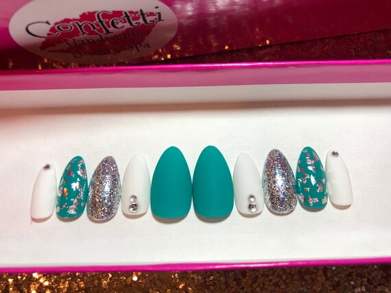 Teal Aqua Turquoise and White Bling Press On Nail Set | Etsy