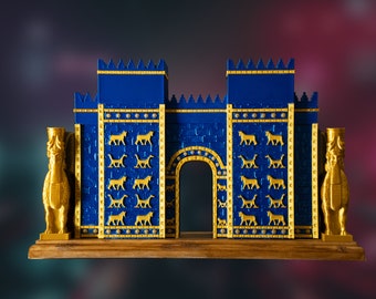 May include: A blue and gold model of the Ishtar Gate, a famous ancient Babylonian gateway. The gate is decorated with relief sculptures of lions, bulls, and dragons.