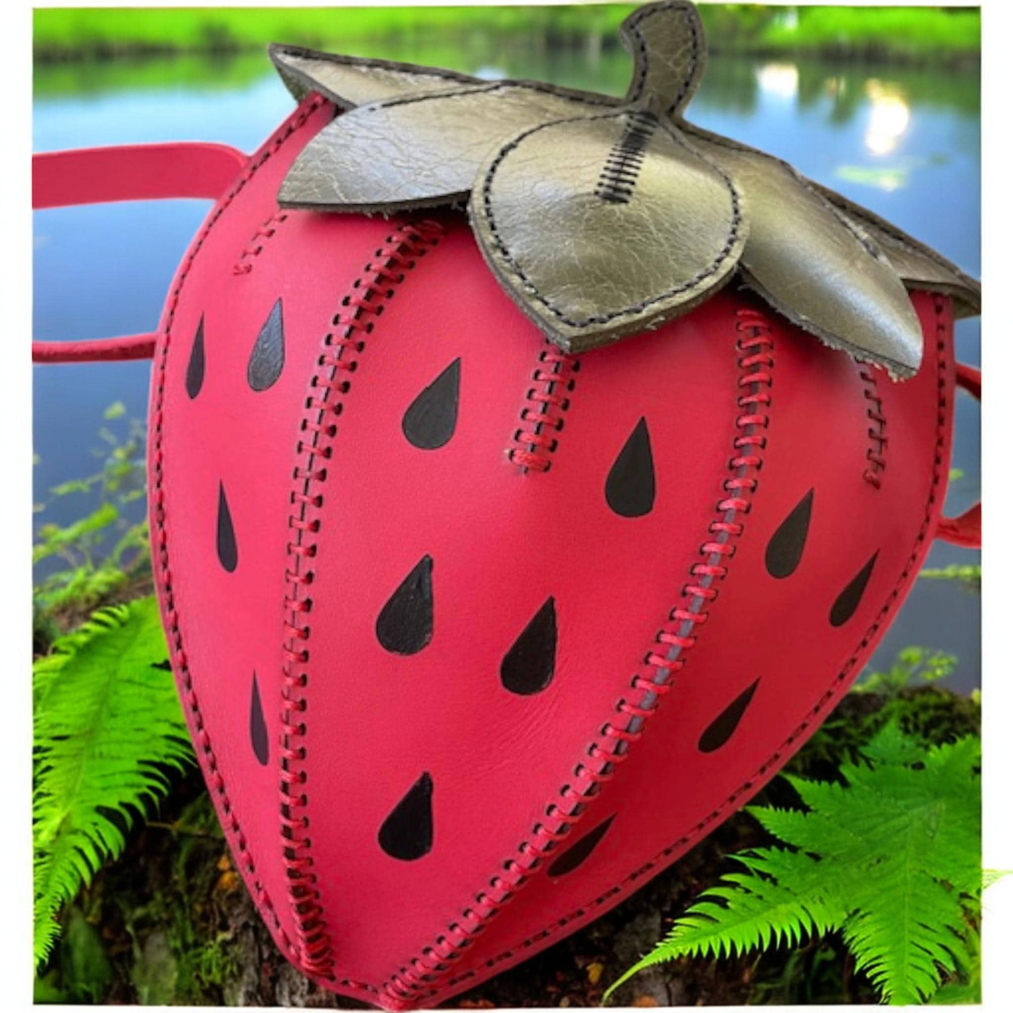 3D Strawberry Leather Purse: Handmade Novelty Bag.