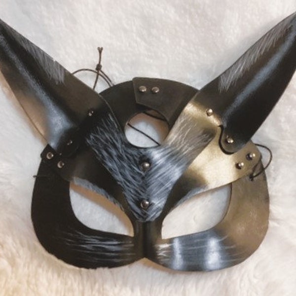 Mask, Furry Mask, Leather Mask, Real Cowhide Leather, Handmade Mask, Festival Mask, Bunny Mask, Long Earned Cat Mask,