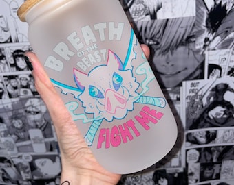 160z Glass Cup/ Anime Inspired Glass Cup/ Demon / Glass Cup with Lid/ Anime Cup / Anime / Beast Breath