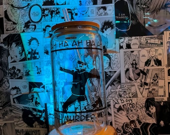 160z Glass Cup/ Anime Inspired Glass Cup/ Sensei / Glass Cup with Lid/ Anime Cup