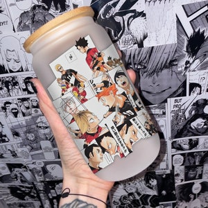 160z Glass Cup/ Anime Inspired Glass/ Haikyuu / Glass Cup with Lid/ Anime/ Libbey Glass/ Haikyu Gift, Gift for Her, Anime Cup, Cozy Gamer