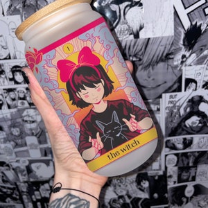 Vaso de vidrio de 160 oz/Vaso de vidrio inspirado en anime/Anime/Vaso de vidrio con tapa/Vaso de anime/Tarot de anime/Gato