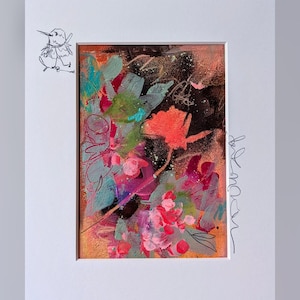 Piccola collezione di opere originali "fuori dagli schemi" Acrilico su carta con passepartout bianco 8x10 pollici Unico con simpatico uccello
