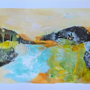Paesaggio astratto originale in collage e pittura acrilica su carta contour di alta qualità, per incorniciare l'artista del Quebec