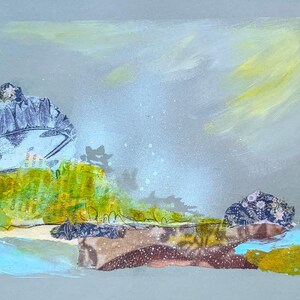 Paesaggio astratto originale in collage e pittura acrilica su carta contour di alta qualità, per incorniciare l'artista del Quebec