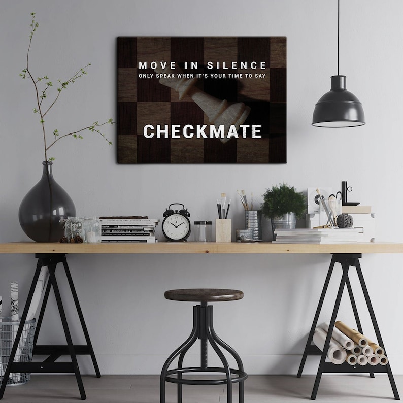 Move In Silence Checkmate Inspirational Quote Canvas Wall Art Print Office Decor Chess Player Gift