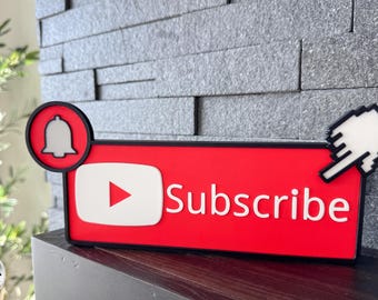 YouTube Subscribe Button Sign with Integrated Bell & Cursor — Streamer Room Decor