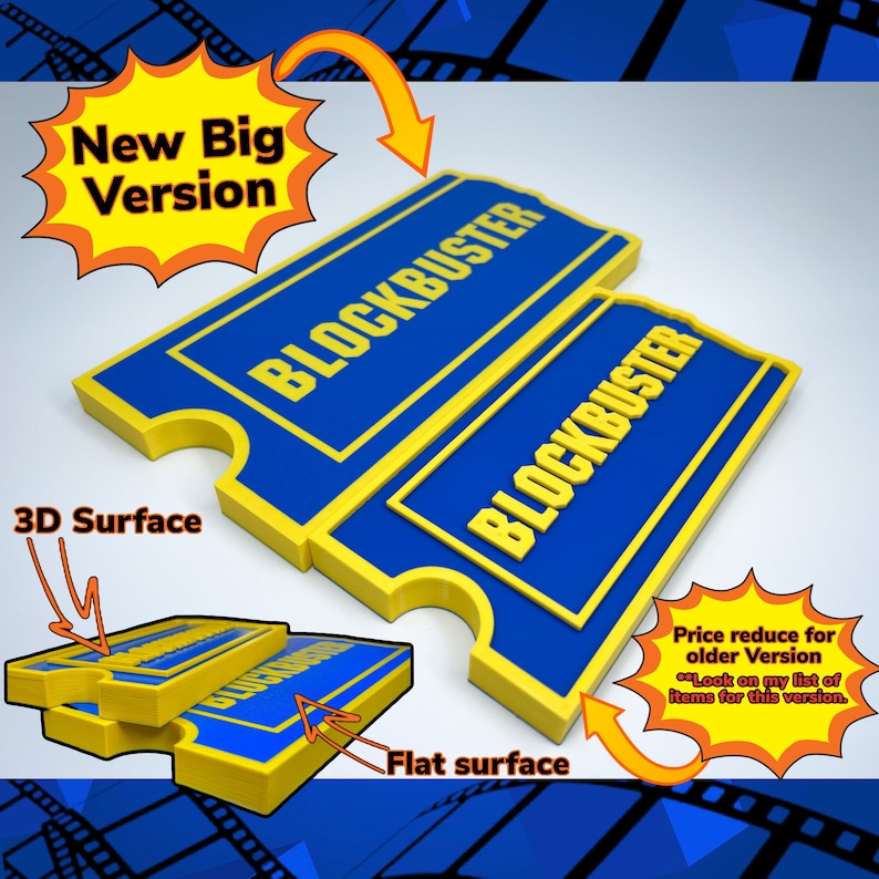 May include: Two blue and yellow Blockbuster ticket-shaped signs. The top sign is larger and is labeled "New Big Version". The bottom sign is smaller and is labeled "Price reduce for older Version" and "Look on my list of items for this version."