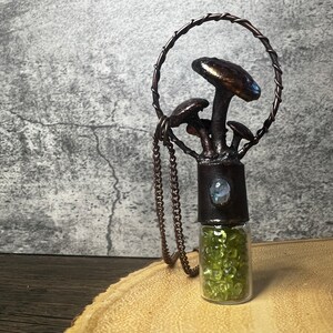 Puede incluir: Un collar de alambre de cobre con un dije de hongo y un frasco de vidrio lleno de cristales verdes. El frasco está coronado con una tapa de metal y una piedra azul.