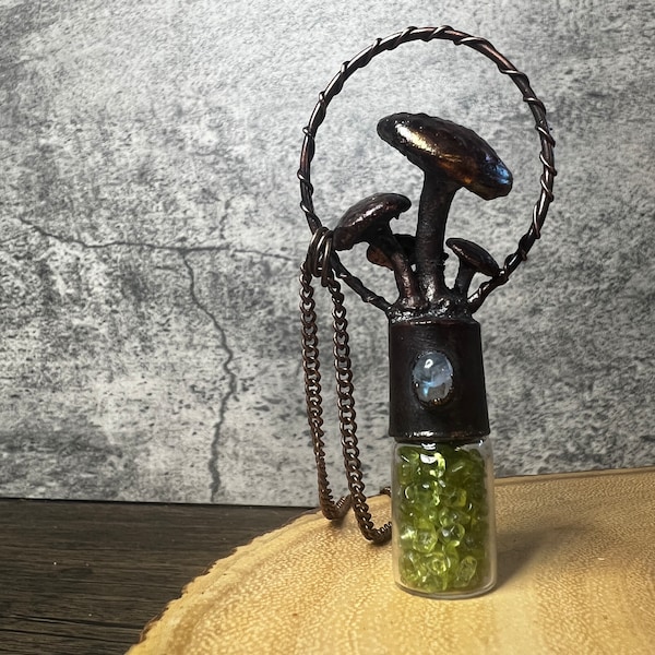 Magic Mushrooms + Peridot Chips // Essential Oil Roller Bottle // Electroformed Copper // Pendant Necklace