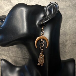 Man in the Moon // Astronaut //  Crescent Moon// Copper Dangle Earrings