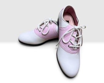 50's Oxford saddle shoes: Pink/white, women's sizes 6, 7, 11, 12