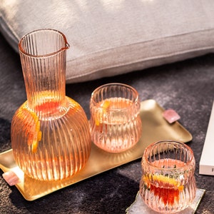 Roseate Carafe Glassware Hand Blown Drinkware Decanter Bedside Carafe & Glass Set Ribbed Glasses Wedding Gifts Housewarming Gifts image 1