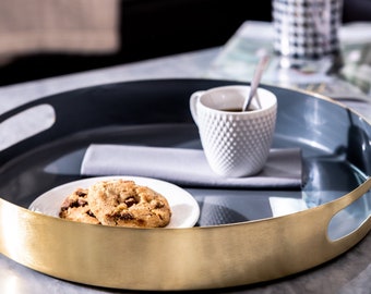 Ottoman Tray Round Decorative Tray Gold Metal & Enamel Tray Useful Table Centerpiece Serving Tea Coffee Drinks | Vanity Organiser