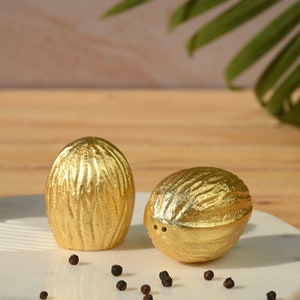 Salt and Pepper Shakers - Gold Tableware - Handcrafted Walnut for Home Decor / Party Return Gifts or Table Decor