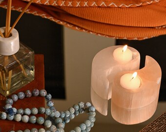 Selenite Yin and Yang Candle Tea Light Holder - Balancing, Cleansing, Clarity & Purifying Crystal