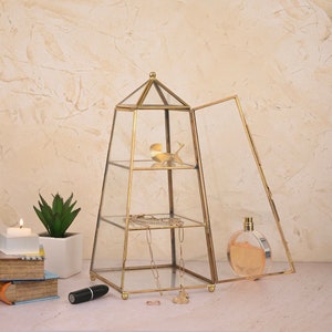 Brass and Glass Display Shelf - Jewelry Holder - Pyramid 3 Tier Jewellery  - A Wedding Gift for Her on Birthday / Women's Day /Mother's Day