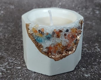 Gemstone Candle in Cement Container  – White Concrete Votive with Mixed Crystals for Easter Decor