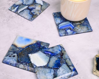 Blue Agate Coasters Set - Natural Stone Geode Drink Mats - Modern & Stylish Table Accents